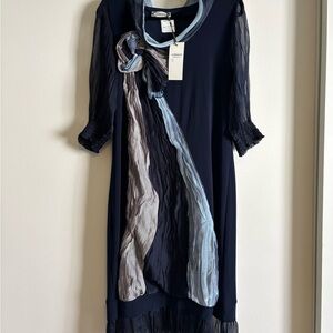 La Mouette Black and Blue Sheath Dress with Cuffed 3/4 Sleeves